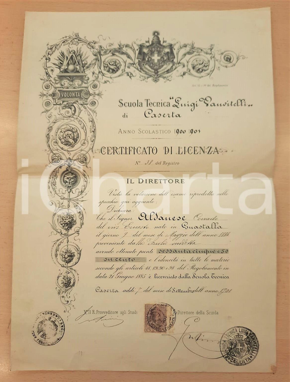 Documento originale, autentico 1901 CASERTA Scuola Tecnica VANVITELLI  Certificato licenza Corrado ALDANESE 1