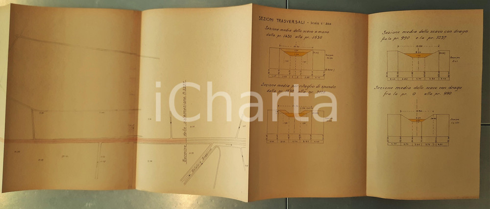 Mappa, planimetria storica 1945 ca Area di PAVIA  Canale COLATORE REALE  Sezioni trasversali 340x32 cm 1