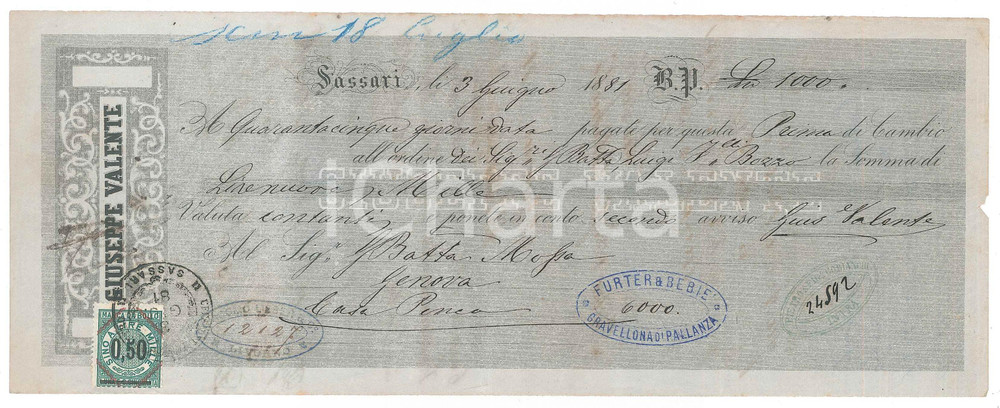 Oggetto da collezione cartaceo 1881 SASSARI  Ditta Giuseppe VALENTE  Cambiale pubblicitaria 1