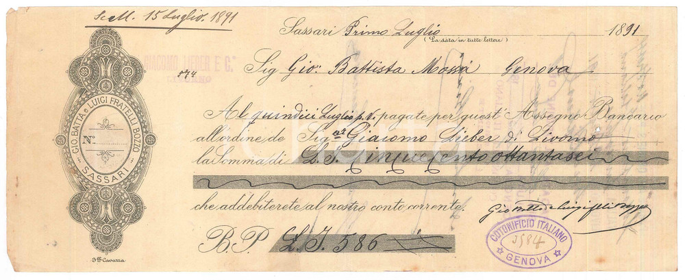 Oggetto da collezione cartaceo 1891 SASSARI  Ditta Giovanni Battista e Luigi Fratelli BOZZO  Assegno bancario 1