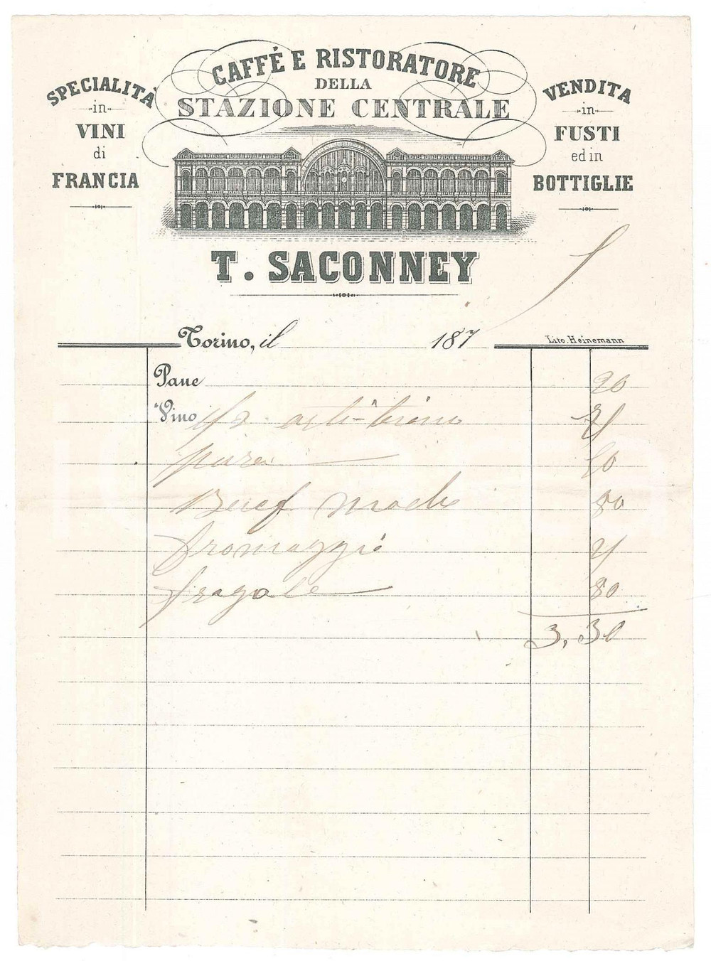 Documento originale, autentico 1870 ca TORINO PORTA NUOVA  T. SACONNEY CaffÃ¨ e ristoratore stazione Conto 1