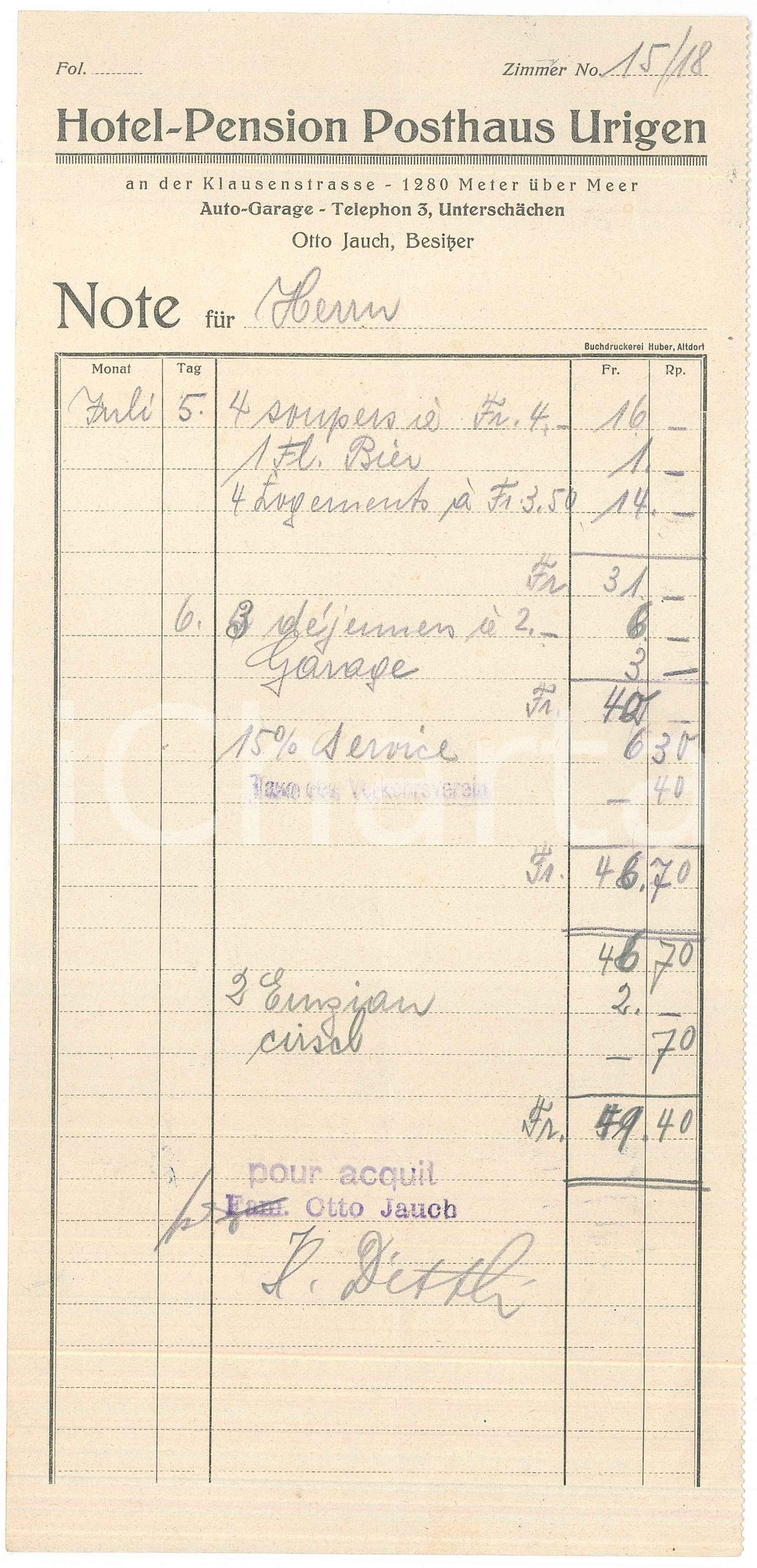Documento originale, autentico 1930 ca METER UBER MEER  HotelPension Posthaus Urigen  Fattura 1
