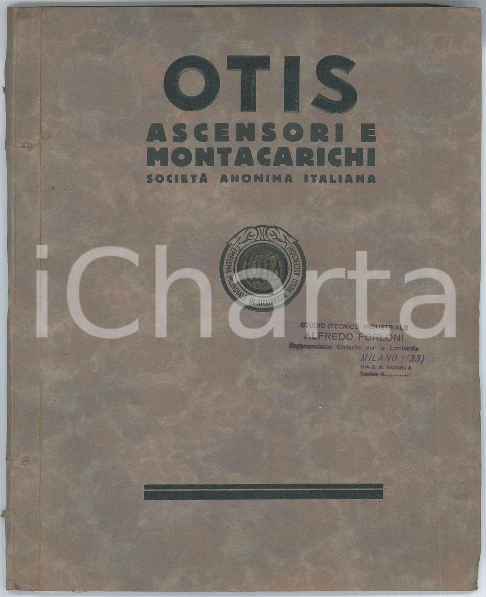 Materiale pubblicitario d’epoca 1935 ca MILANO Studio tecnico Alfredo FORLONI Catalogo ascensori OTIS 1