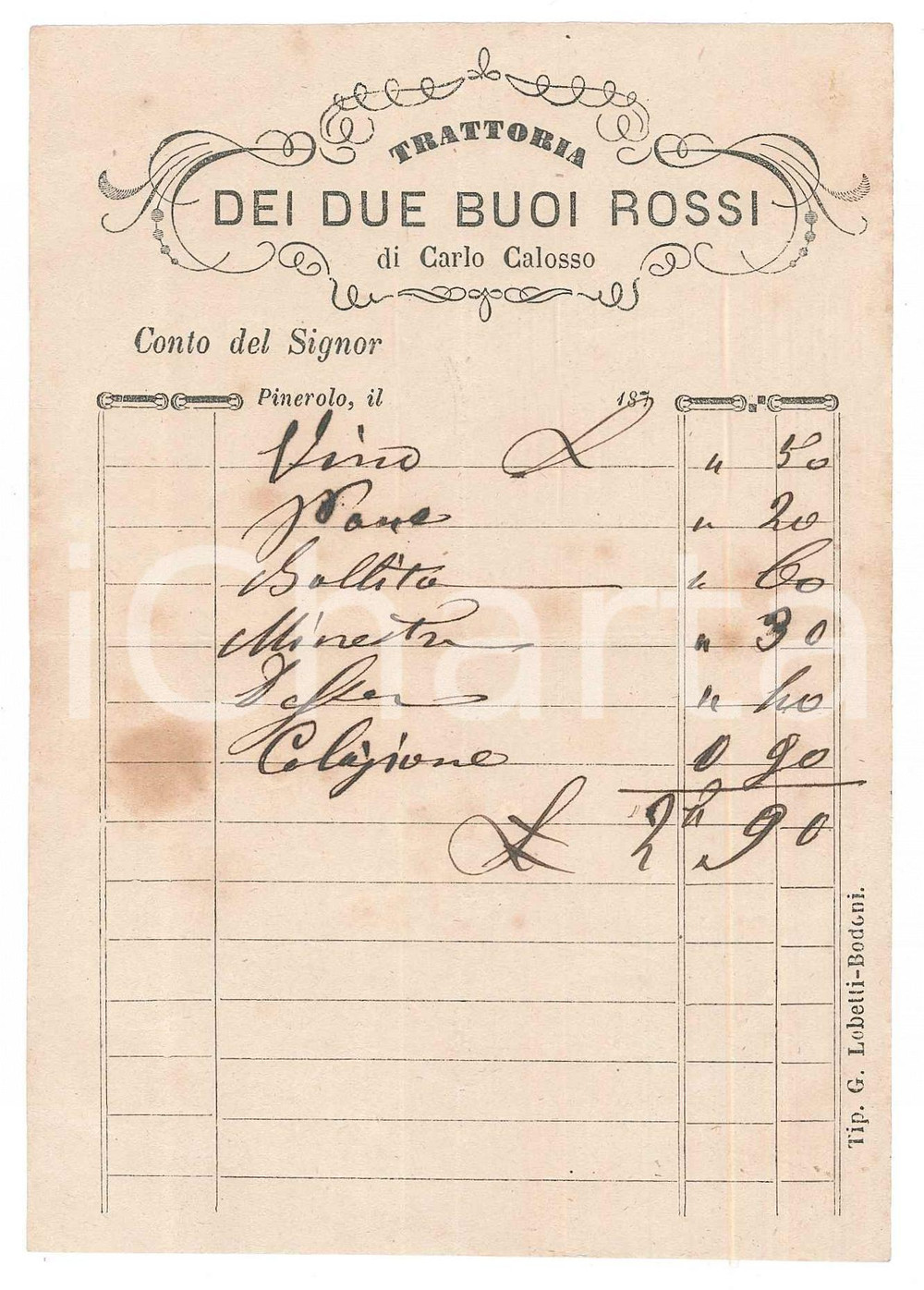 Documento originale, autentico 1910 ca PINEROLO Trattoria dei due buoi rossi di Carlo CALOSSO Ricevuta 1