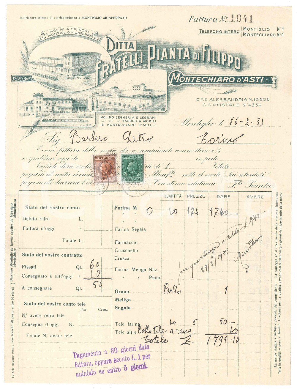 Documento originale, autentico 1933 MONTIGLIO MONERRATO  Ditta FRATELLI PIANTA Molini a cilindri Fattura 1