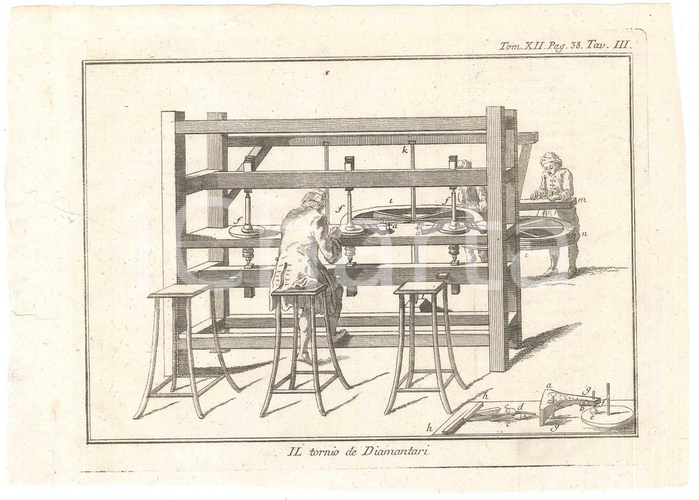 Stampa, bozzetto originale 1800 ca LO SPETTACOLO DELLA NATURA  Il tornio de  diamantari Stampa 1