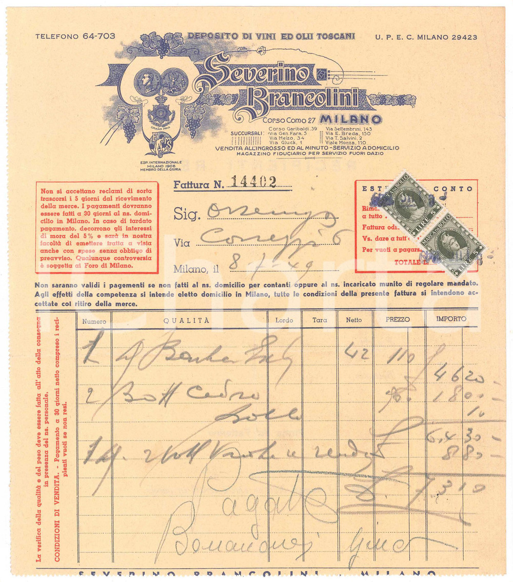 Documento originale, autentico 1949 MILANO Corso Como 27  Severino BRANCOLINI vini e olii toscani Fattura 1