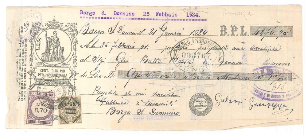 Oggetto da collezione cartaceo 1924 BORGO S. DONNINO  Giuseppe GALASSI Fabbrica di turaccioli  Cambiale 1