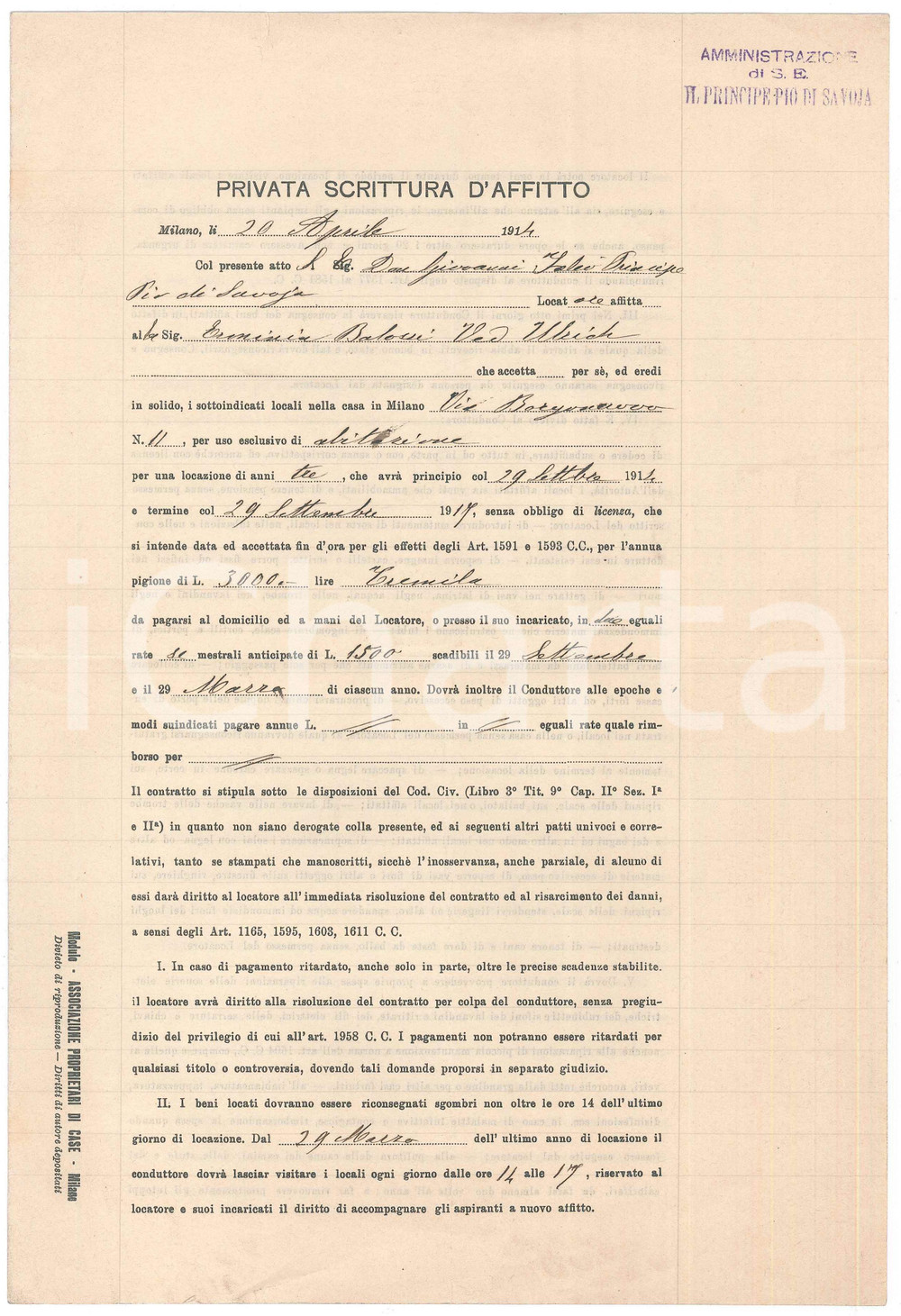 Documento originale, autentico 1914 MILANO Affitto casa via Borgonuovo  Don Giovanni FALCO  Contratto 1