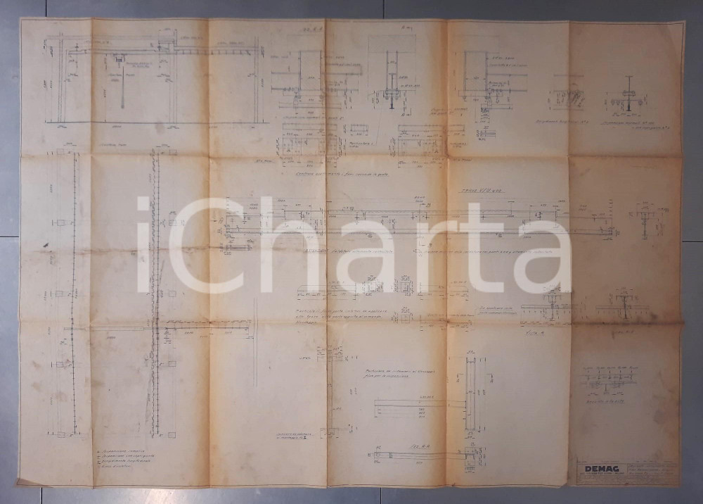 Mappa, planimetria storica 1956 MILANO DEMAG spa  Impianto carroponte sospeso  Tavola tecnica 117x82 cm 1