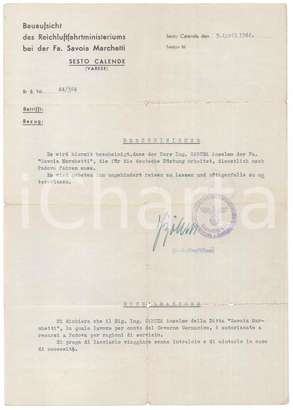 Documento originale, autentico 1944 RSI SESTO CALENDE Ditta SAVOIA MARCHETTI Lasciapassare ing. Anselmo GARCEA 1
