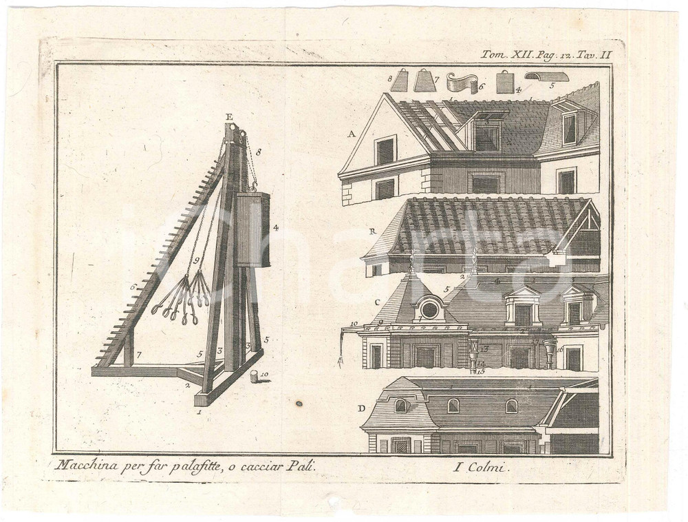 Stampa, bozzetto originale 1800 ca LO SPETTACOLO DELLA NATURA  Macchina per far palafitte Stampa 1