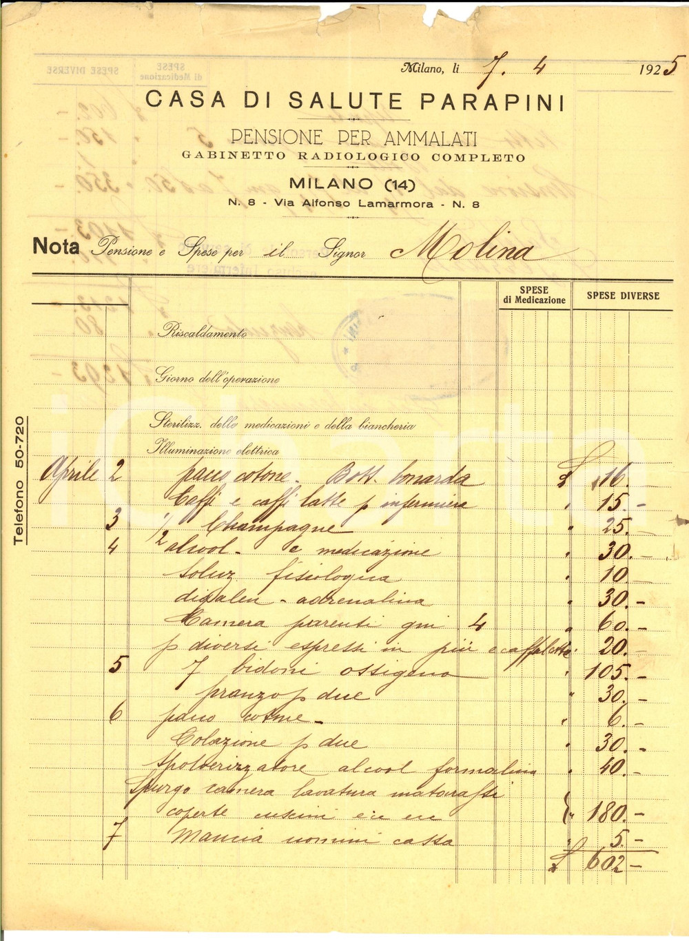 Documento originale, autentico 1925 MILANO Casa di salute PARAPINI Gabinetto radiologico Spese Guido MOLINA 2 1