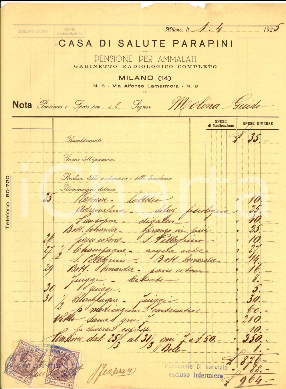 Documento originale, autentico 1925 MILANO Casa di salute PARAPINI Gabinetto radiologico Spese Guido MOLINA 3 1