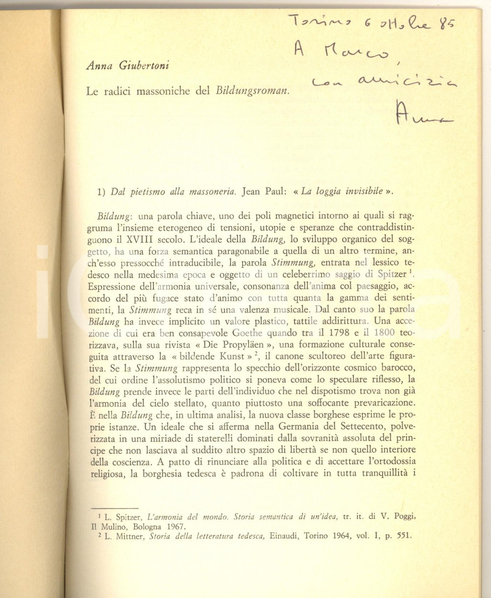 Libro, pubblicazione d epoca 1985 TORINO Anna GIUBERTONI Le radici massoniche del Bildungsroman AUTOGRAFO 1