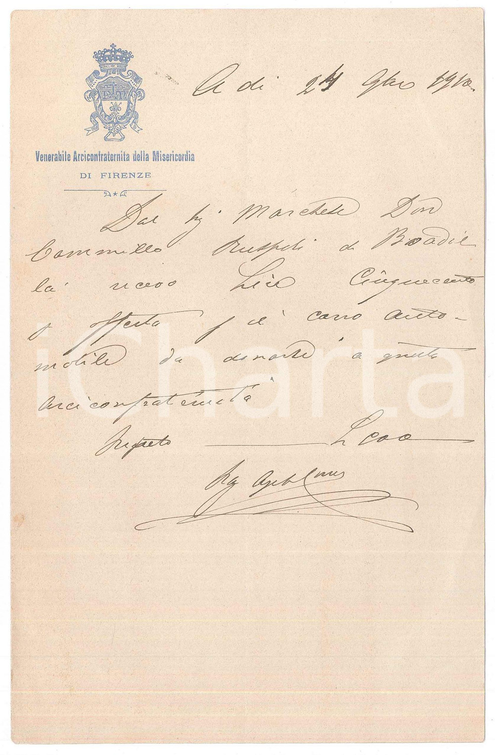 Documento originale, autentico 1910 FIRENZE Arciconfraternita Misericordia  Ricevuta a nobile Camillo RUSPOLI 1