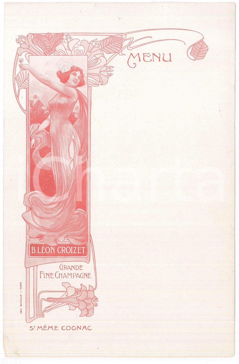 Oggetto da collezione cartaceo 1910 ca B. LEON CROIZET Grande fine champagne et St. Meme Cognac  MenÃ¹ 1
