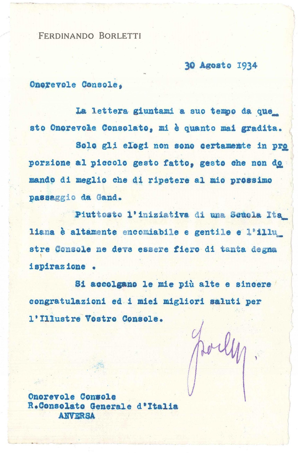 Manoscritto, lettera originale 1934 Lettera Ferdinando BORLETTI al console pro Scuola Italiana di Anversa 1