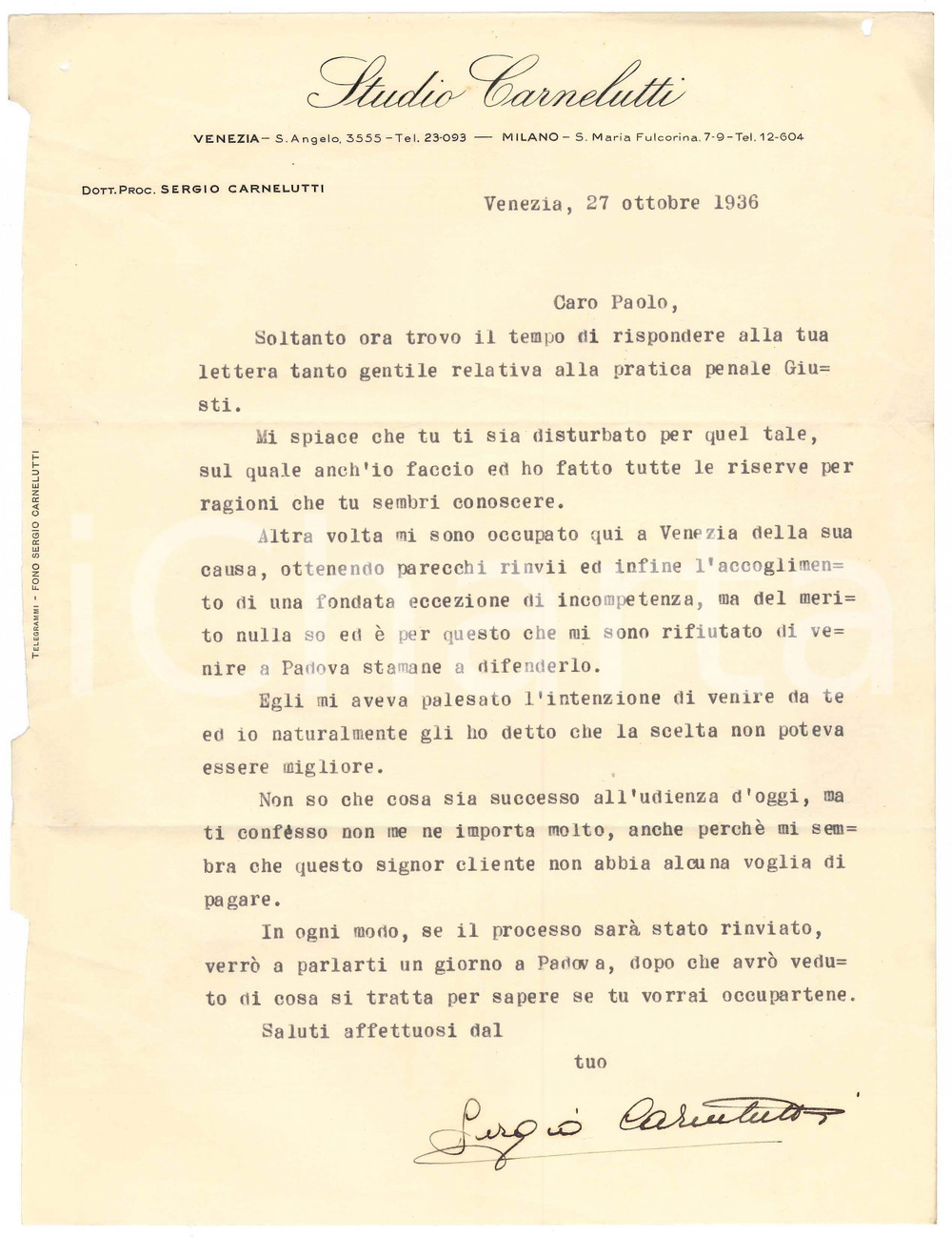 Autografo originale 1936 VENEZIA Lettera Sergio CARNELUTTI a un collega per causa  Autografo 1