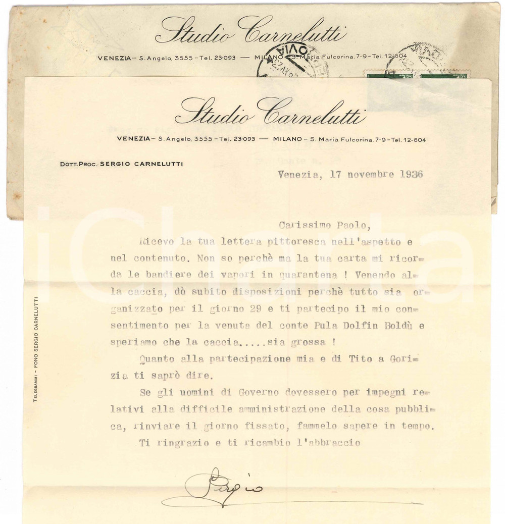 Autografo originale 1936 VENEZIA Lettera Sergio CARNELUTTI in preparazione alla caccia  Autografo 1