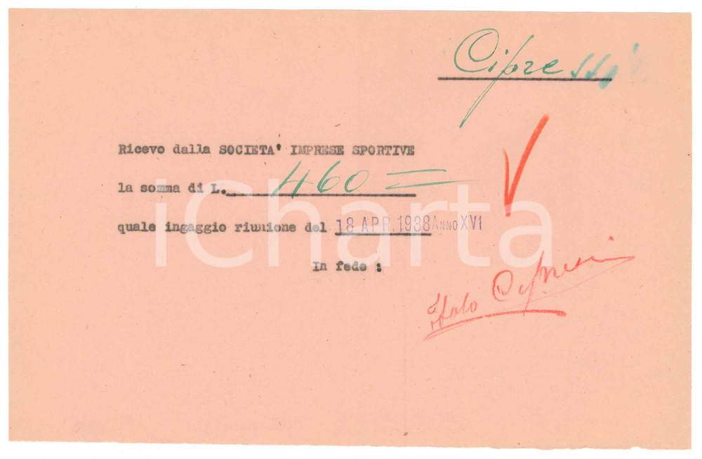 Autografo originale 1938 CICLISMO MILANO Ricevuta Italo CIPRESSI per ingaggio riunione AUTOGRAFO 1