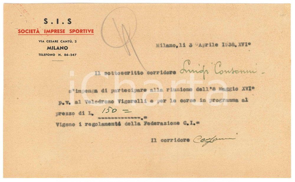 Autografo originale 1938 CICLISMO MILANO Luigi CONSONNI conferma gara al Vigorelli  AUTOGRAFO 1