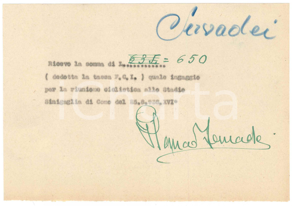 Autografo originale 1938 CICLISMO COMO Ricevuta Glauco SERVADEI  Stadio Sinigaglia AUTOGRAFO 1
