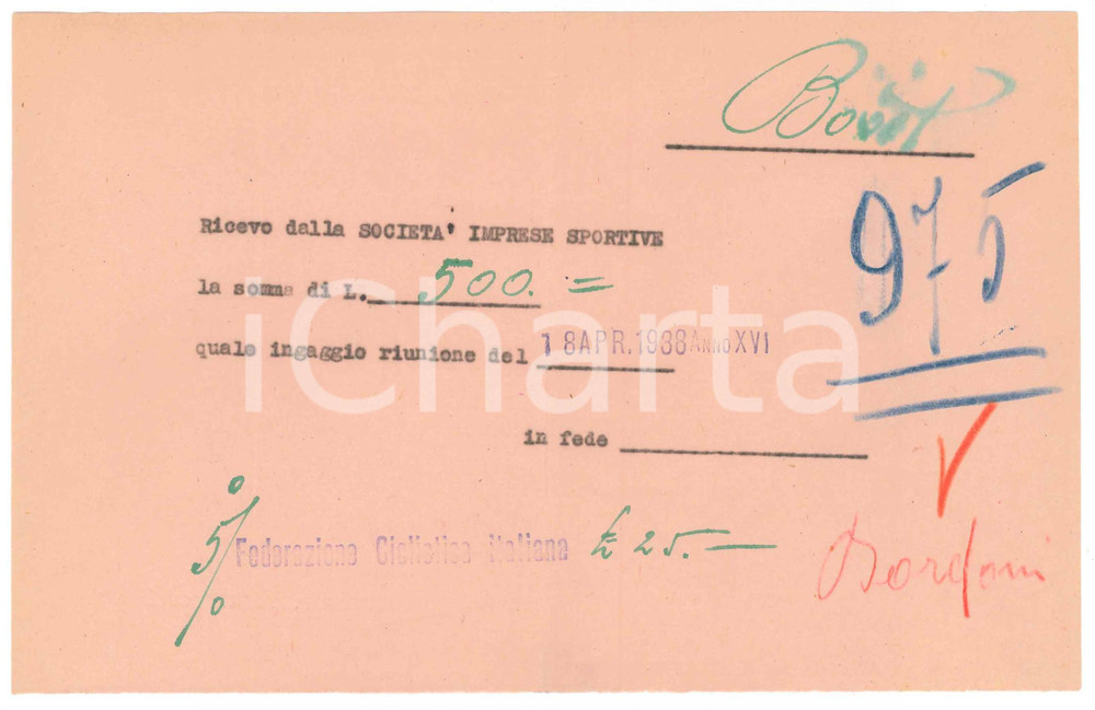 Autografo originale 1938 CICLISMO MILANO Ricevuta Adolfo BORDONI  Ingaggio riunione AUTOGRAFO 1
