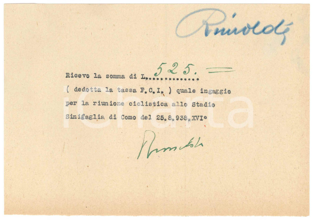 Autografo originale 1938 CICLISMO COMO Ricevuta Pietro RIMOLDI  Stadio Sinigaglia AUTOGRAFO 1