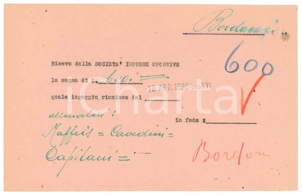 Autografo originale 1938 CICLISMO MILANO Ricevuta Adolfo BORDONI  Ingaggio riunione AUTOGRAFO 1