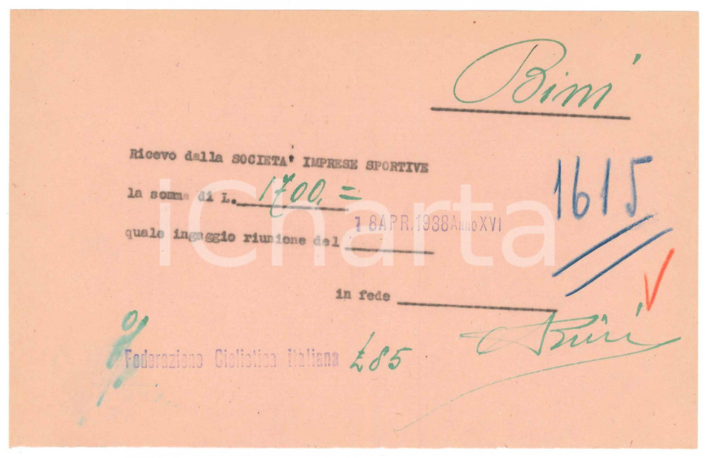 Autografo originale 1938 CICLISMO MILANO Ricevuta Aldo BINI  Ingaggio per  riunione AUTOGRAFO 1