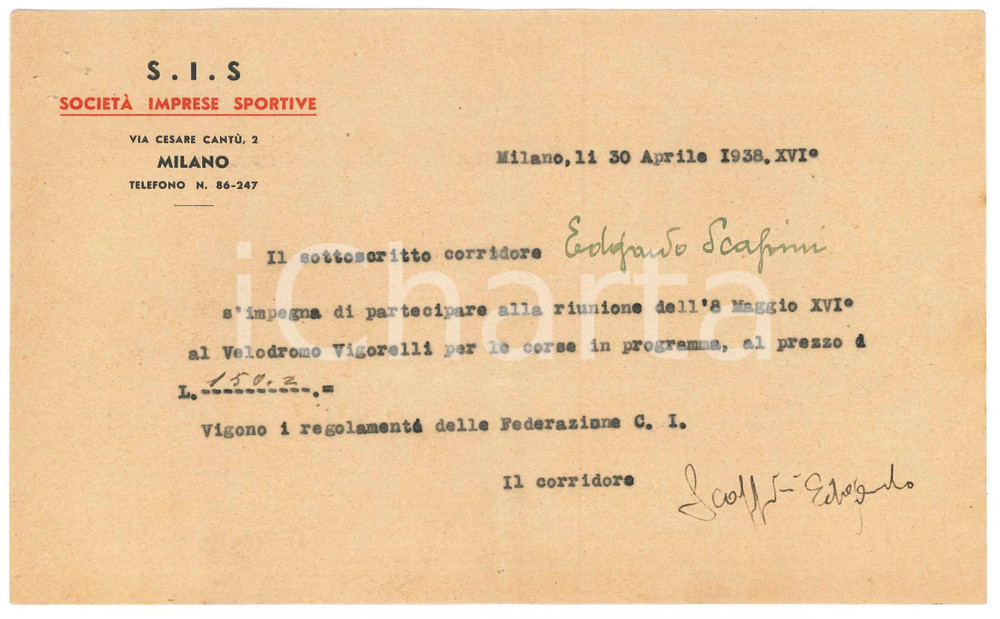 Autografo originale 1938 CICLISMO MILANO Edgar SCAPPINI conferma gara al Vigorelli  AUTOGRAFO 1