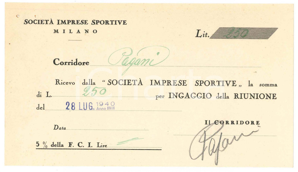 Autografo originale 1940 CICLISMO MILANO Ricevuta Antonio PAGANI  Ingaggio VIGORELLI AUTOGRAFO 1