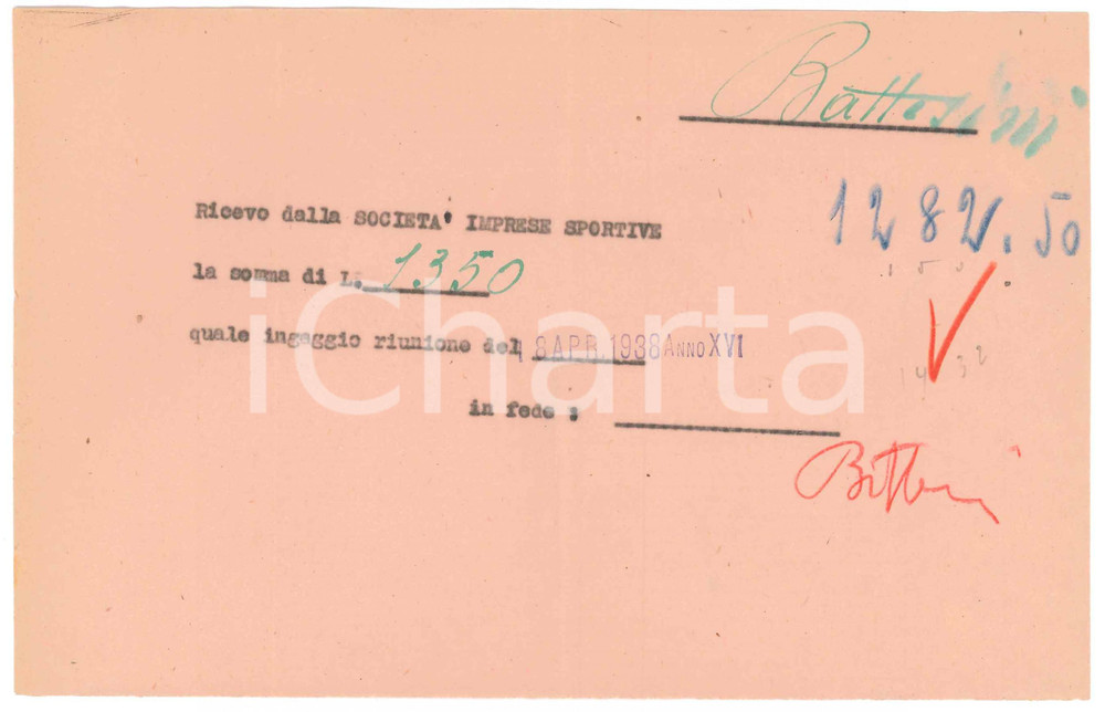 Autografo originale 1938 CICLISMO MILANO Ricevuta Fabio BATTESINI  Ingaggio riunione AUTOGRAFO 1