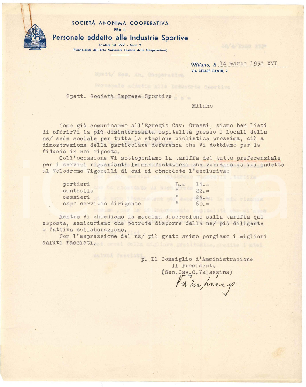 Documento originale, autentico 1938 MILANO CICLISMO Lettera Cooperativa Personale Industrie Sportive per sede 1