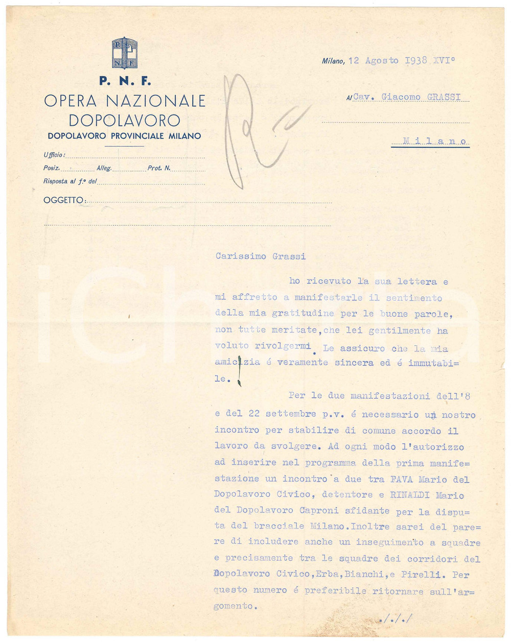 Documento originale, autentico 1938 PNF MILANO  OND  Lettera PISANI per programma CICLISMO Autografo 1