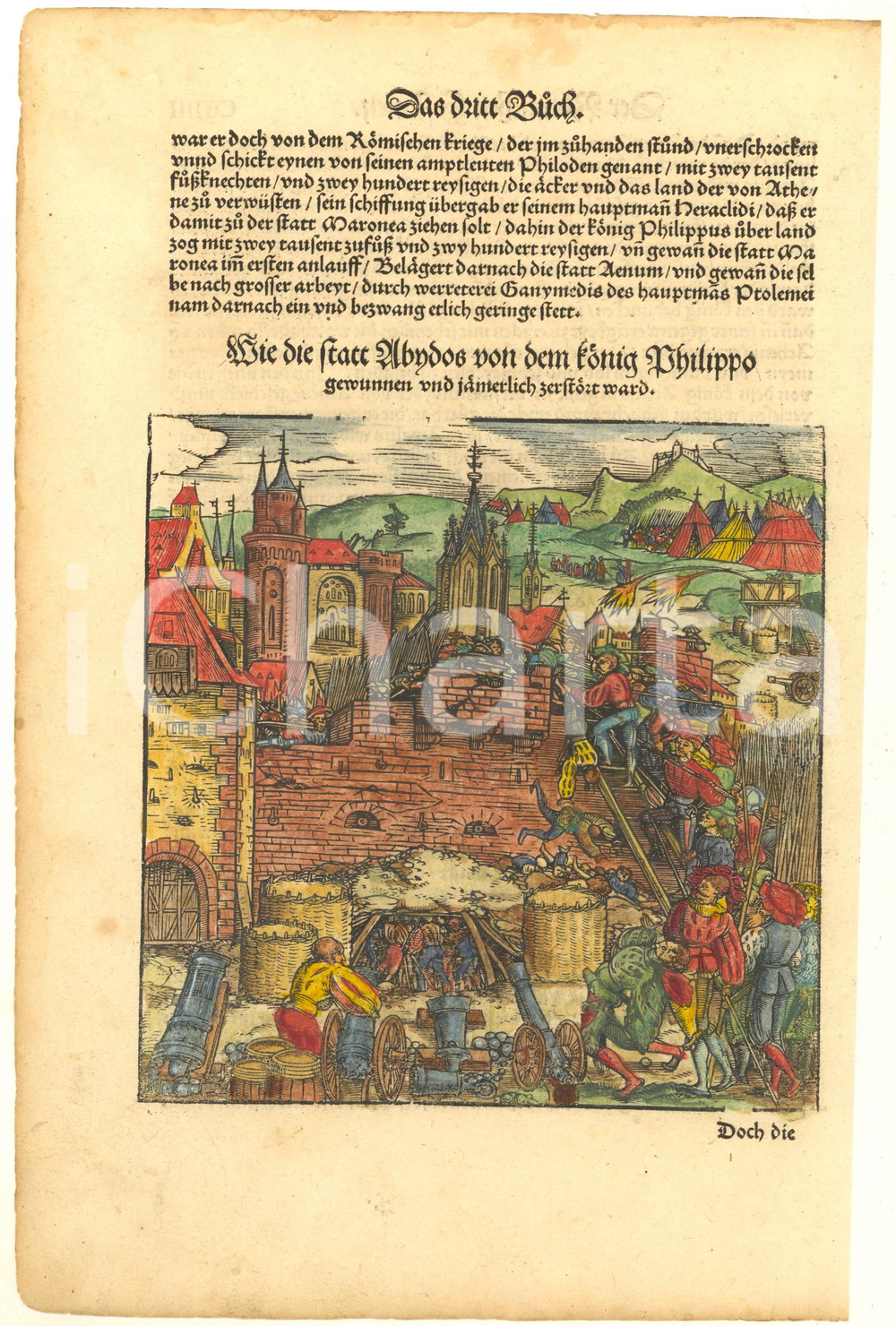 Stampa, bozzetto originale 1530 Romische historien TITI LIVII  Statt ABYDOS Tavola colorata a mano 1