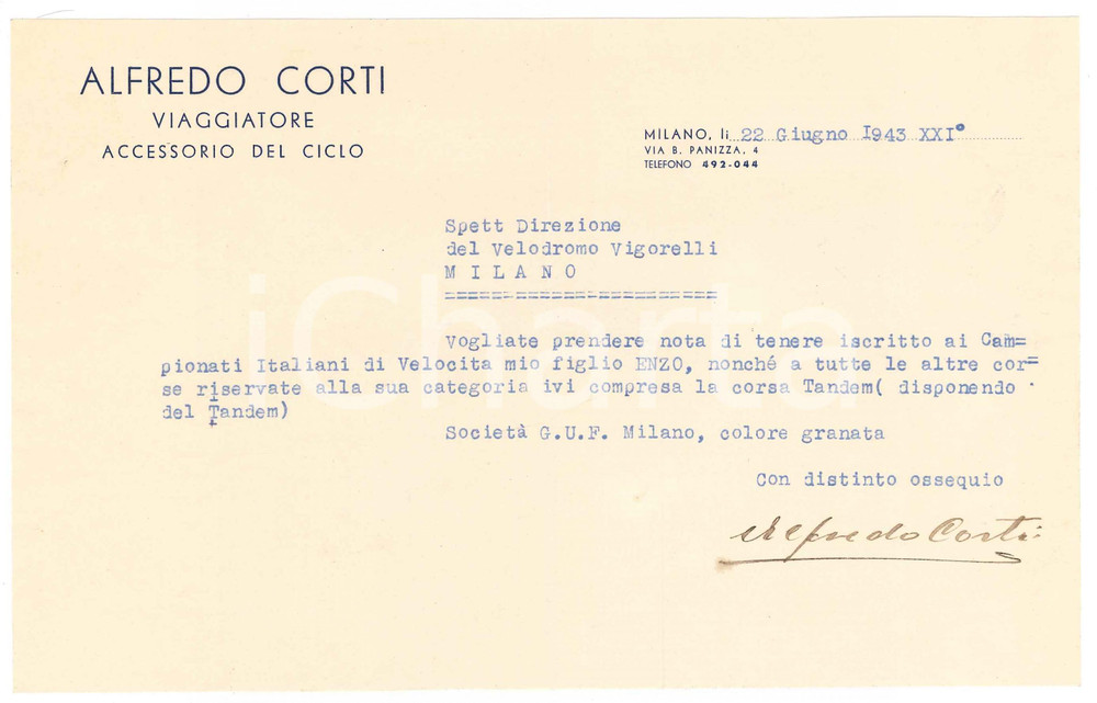Autografo originale 1943 CICLISMO MILANO Lettera Alfredo CORTI pro iscrizione figlio Enzo al tandem 1