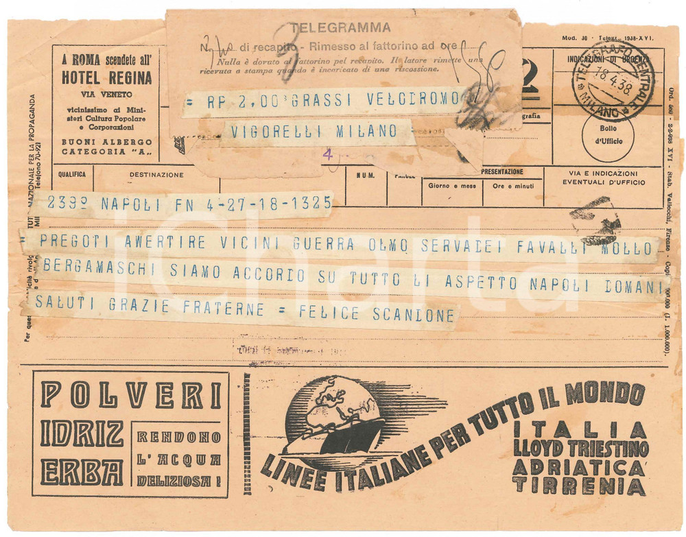 Documento originale, autentico 1938 CICLISMO NAPOLI Telegramma Felice SCANDONE per gara OLMO VICINI GUERRA 1
