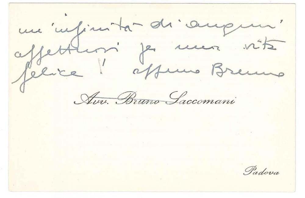 Oggetto da collezione cartaceo 1950 ca PADOVA Avv. Bruno SACCOMANNI Biglietto di auguri AUTOGRAFO 1
