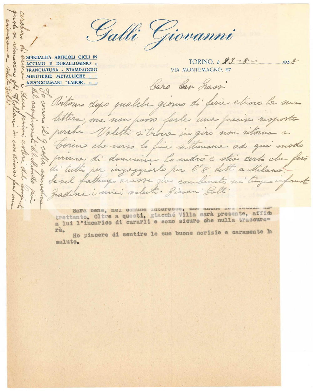Documento originale, autentico 1938 TORINO CICLISMO Lettera Giovanni GALLI per ingaggio di Giovanni VALETTI 1
