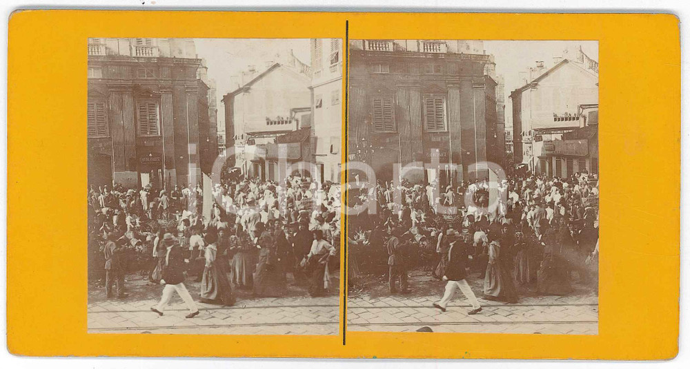 Fotografia d epoca originale 1900 ca MILANO  Piazza con CANTINA OVADESE  Mercato Foto stereoscopica 1