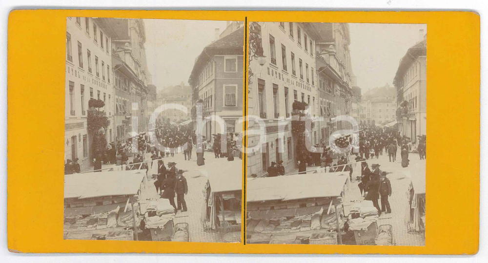 Fotografia d epoca originale 1900 ca SOLETTA /SOLOTHURN CH  Hauptgasse  Hotel LA COURONNE   Stereoview 1