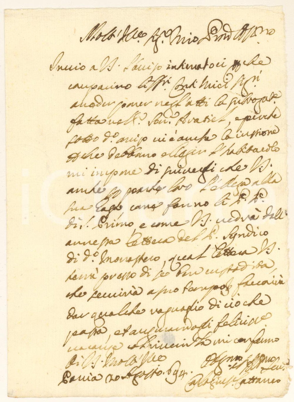 Manoscritto, lettera originale 1694 PAVIA Carlo Giuseppe CATTANEO  Causa contro i Padri di SAN PRIMO Autografo 1
