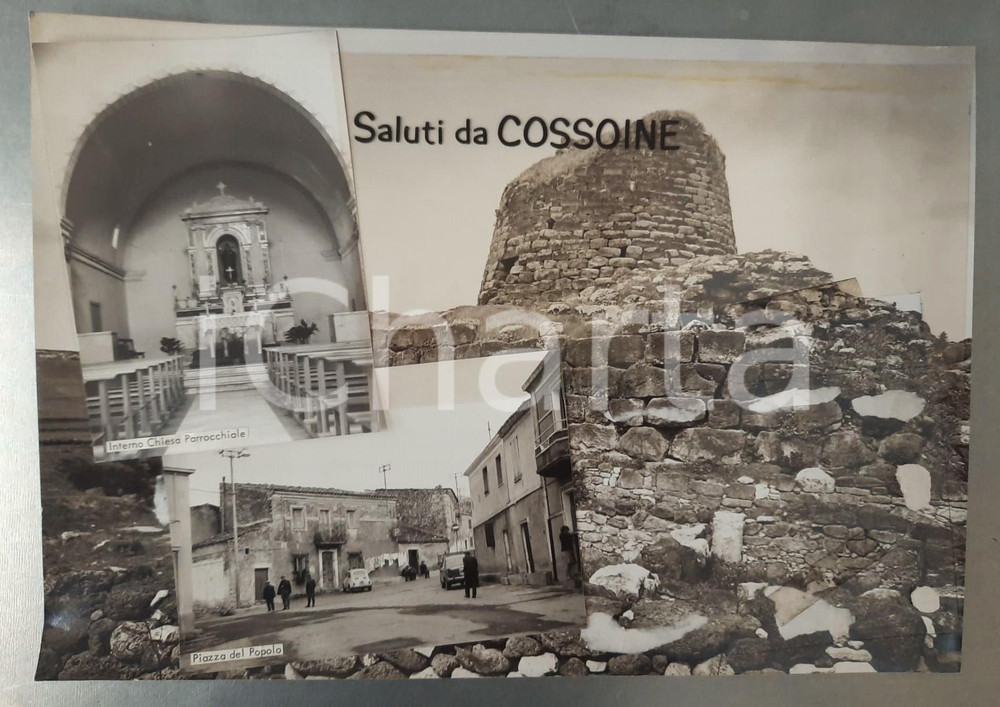 1965 ca COSSOINE (SS) Vedutine - Piazza del Popolo *Bozzetto per cartolina 35x24 Bozzetto preparatorio per cartolina postale, realizzato in forma di collage con fotografie su cartoncino morbido e acetato protettivo. POOR/danneggiato abrasioni al lato destro, con residui di colla e adesivo Formato: 35x24 cm originale e autentica 1