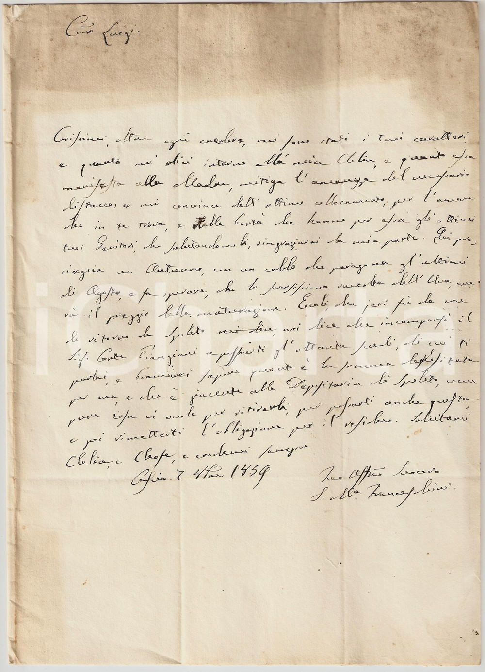 Manoscritto, lettera originale 1859 CASCIA Nobile Stefano Maria FRANCESCHINI  Lettera al genero Autografo 1