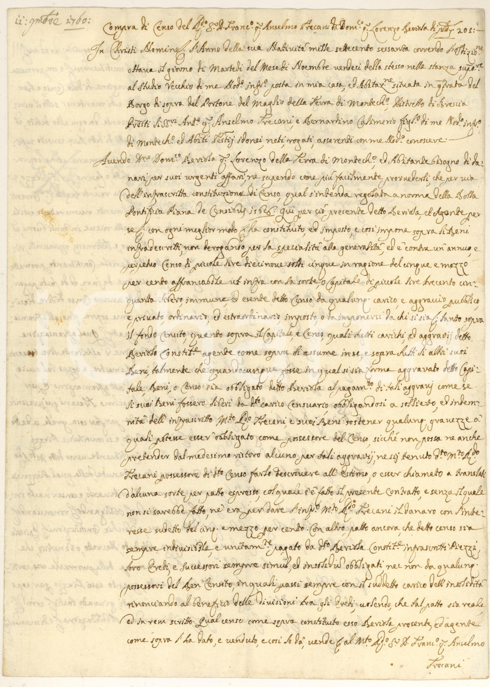 Documento originale, autentico 1760 MONTICHIARI Vendita censo Lorenzo BERIOLA a Francesco TRECANI  Manoscritto 1