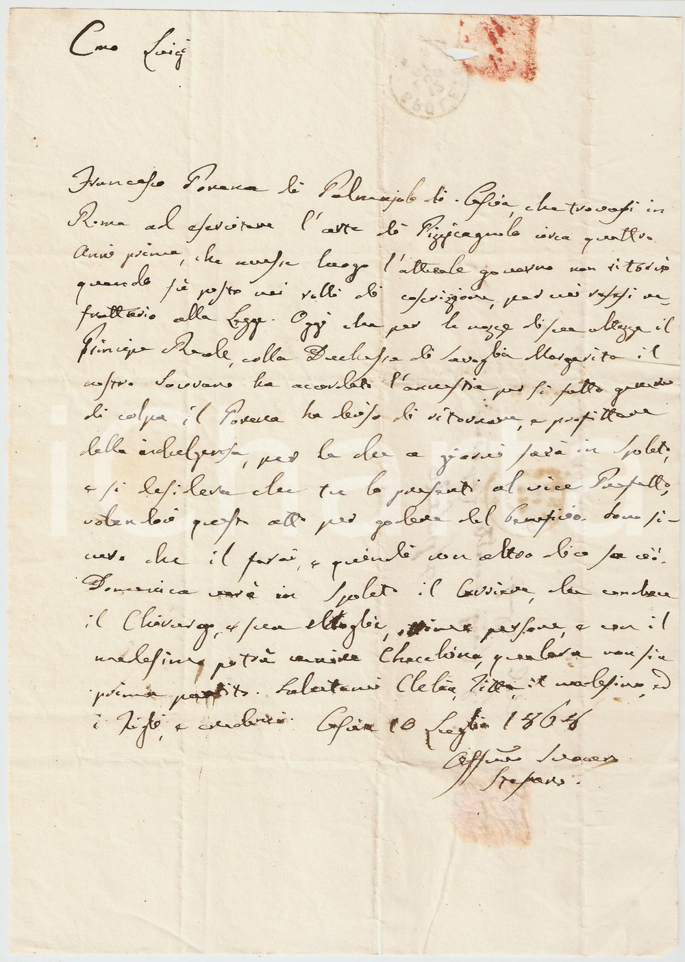 Manoscritto, lettera originale 1868 CASCIA Stefano Maria FRANCESCHINI  Amnistia per nozze Umberto I Autografo 1