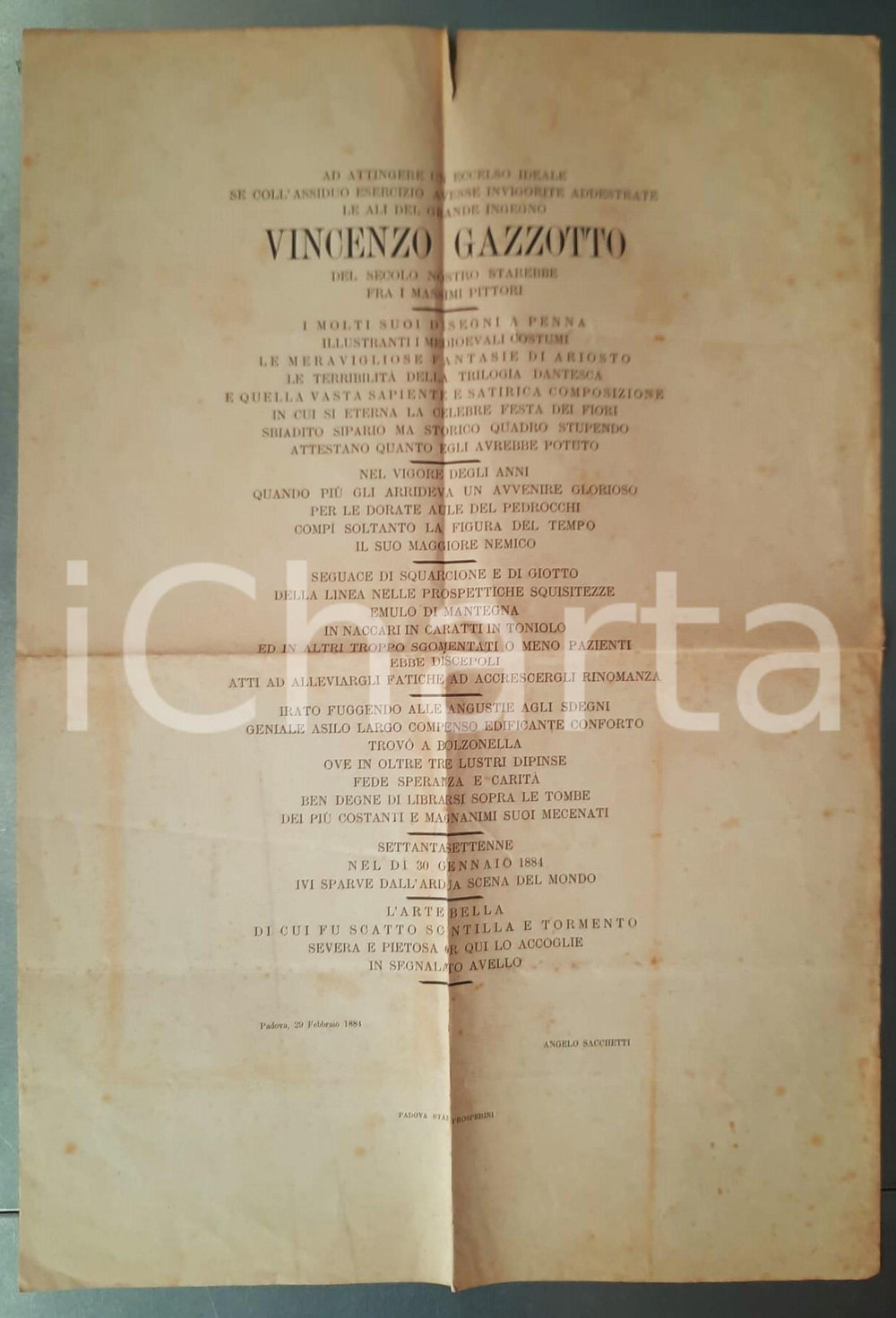 Autografo originale 1884 PADOVA Angelo SACCHETTI  Epitaffio per Vincenzo GAZZOTTO Manifesto 37x52 1