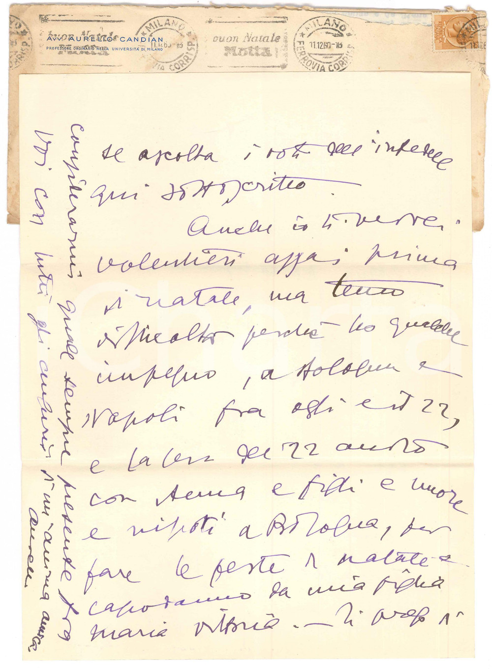 Autografo originale 1960 MILANO Aurelio CANDIAN cerca di vedere un amico prima di Natale Autografo 1